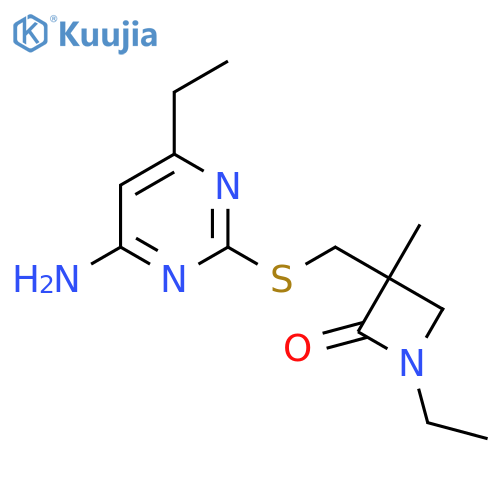 3-{(4-amino-6-ethylpyrimidin-2-yl)sulfanylmethyl}-1-ethyl-3-methylazetidin-2-one structure