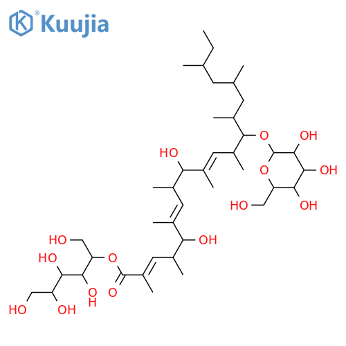 5,9,13-Trihydroxy-2,4,6,8,10,12,14,16,18-nonamethyl-2,6,10-eicosatrienoic acid; (2E,4S,5S,6E,8S,9S,10E,12S,13R,14S,16S,18S)-form, 13-O-β-D-Mannopyranoside, D-mannitol-2-yl ester structure