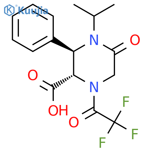 rac-(2R,3S)-5-oxo-3-phenyl-4-(propan-2-yl)-1-(2,2,2-trifluoroacetyl)piperazine-2-carboxylic acid structure