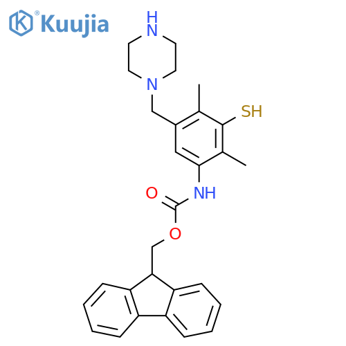 (9H-fluoren-9-yl)methyl N-{2,4-dimethyl-5-(piperazin-1-yl)methyl-3-sulfanylphenyl}carbamate structure