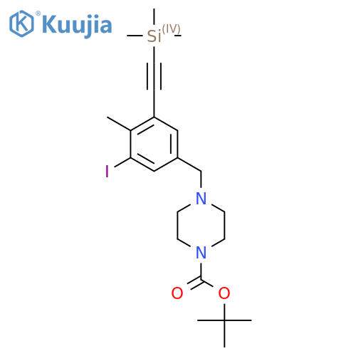 Tert-butyl 4-({3-iodo-4-methyl-5-[2-(trimethylsilyl)ethynyl]phenyl}methyl)piperazine-1-carboxylate structure