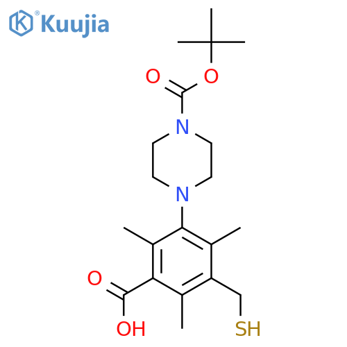 3-{4-(tert-butoxy)carbonylpiperazin-1-yl}-2,4,6-trimethyl-5-(sulfanylmethyl)benzoic acid structure