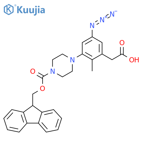 2-5-azido-3-(4-{(9H-fluoren-9-yl)methoxycarbonyl}piperazin-1-yl)-2-methylphenylacetic acid structure