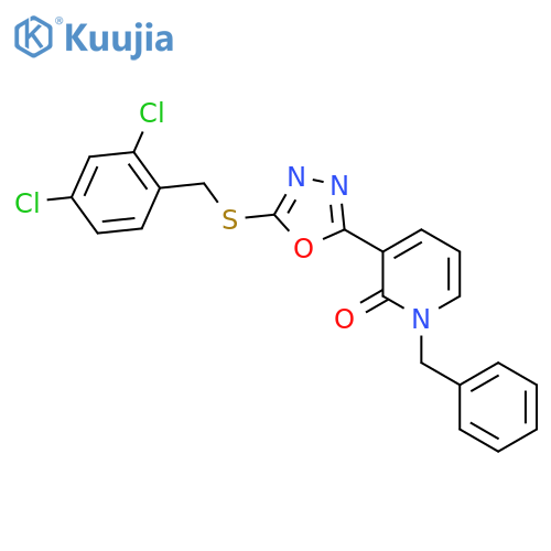 1-benzyl-3-{5-[(2,4-dichlorobenzyl)sulfanyl]-1,3,4-oxadiazol-2-yl}-2(1H)-pyridinone structure