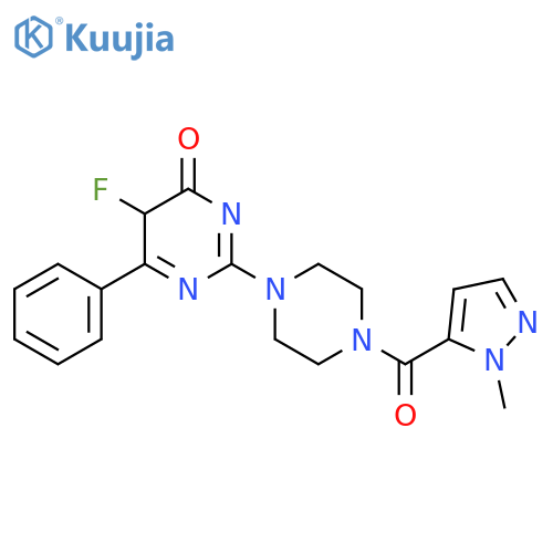 5-fluoro-2-[4-(1-methyl-1H-pyrazole-5-carbonyl)piperazin-1-yl]-6-phenyl-3,4-dihydropyrimidin-4-one structure