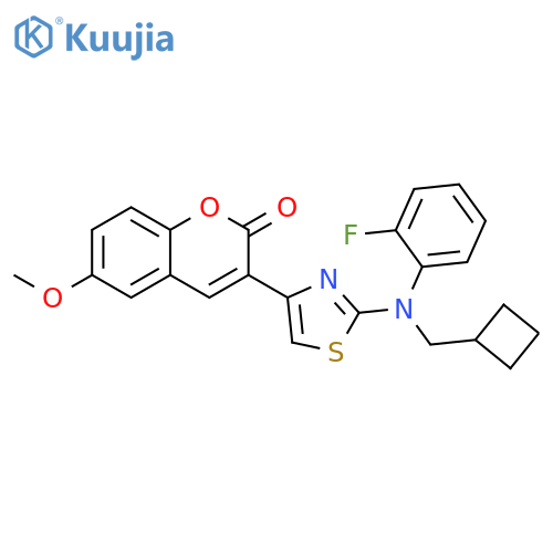 3-{2-[(cyclobutylmethyl)(2-fluorophenyl)amino]-1,3-thiazol-4-yl}-6-methoxy-2H-chromen-2-one structure