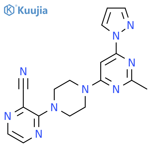 3-{4-[2-methyl-6-(1H-pyrazol-1-yl)pyrimidin-4-yl]piperazin-1-yl}pyrazine-2-carbonitrile structure