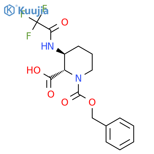rac-(2R,3R)-1-(benzyloxy)carbonyl-3-(2,2,2-trifluoroacetamido)piperidine-2-carboxylic acid structure