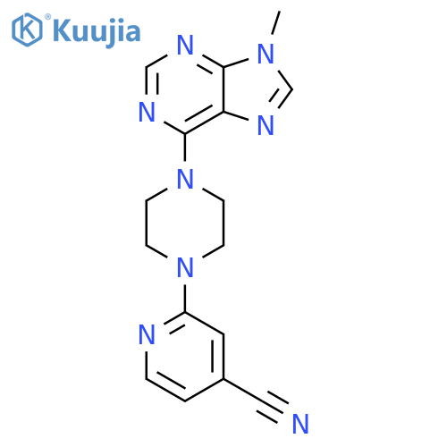 2-[4-(9-methyl-9H-purin-6-yl)piperazin-1-yl]pyridine-4-carbonitrile structure