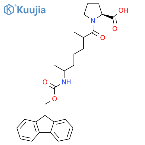 (2S)-1-6-({(9H-fluoren-9-yl)methoxycarbonyl}amino)-2-methylheptanoylpyrrolidine-2-carboxylic acid structure