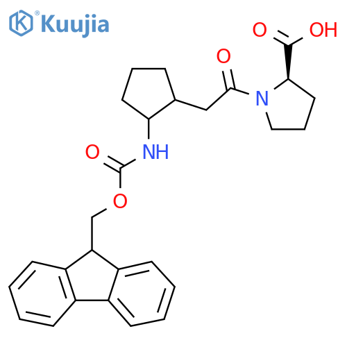 (2R)-1-{2-2-({(9H-fluoren-9-yl)methoxycarbonyl}amino)cyclopentylacetyl}pyrrolidine-2-carboxylic acid structure