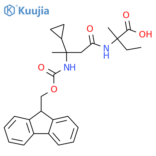 2-3-cyclopropyl-3-({(9H-fluoren-9-yl)methoxycarbonyl}amino)butanamido-2-methylbutanoic acid structure