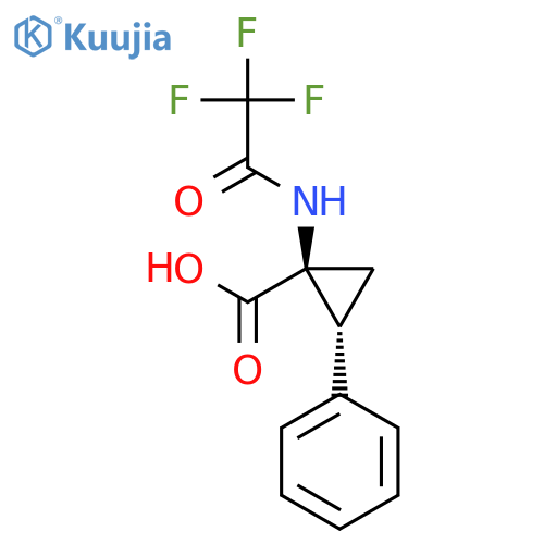 rac-(1R,2S)-2-phenyl-1-(2,2,2-trifluoroacetamido)cyclopropane-1-carboxylic acid structure