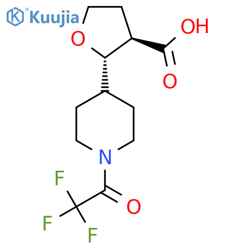 rac-(2R,3S)-2-1-(2,2,2-trifluoroacetyl)piperidin-4-yloxolane-3-carboxylic acid structure