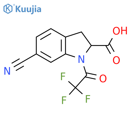 6-cyano-1-(2,2,2-trifluoroacetyl)-2,3-dihydro-1H-indole-2-carboxylic acid structure