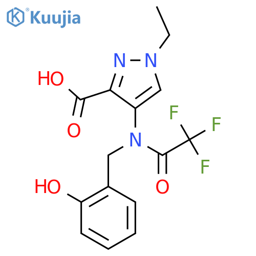 1-ethyl-4-{2,2,2-trifluoro-N-(2-hydroxyphenyl)methylacetamido}-1H-pyrazole-3-carboxylic acid structure