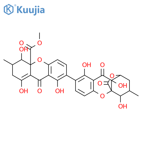 1,4,8-Trihydroxy-2,3,4,9-tetrahydro-3-methyl-7-[4,8,9a-trihydroxy-1,2,3,4,9,9a-hexahydro-3-methyl-9,11-dioxo-1,4a-(epoxymethano)-4aH-xanthen-7-yl]-9-oxo-4aH-xanthene-4a-carboxylic acid methyl ester structure