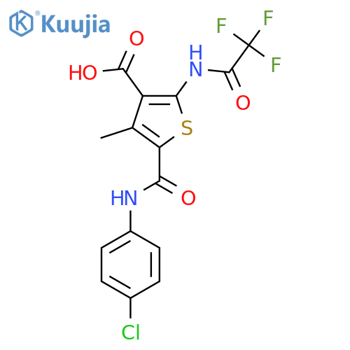 5-[(4-Chlorophenyl)carbamoyl]-4-methyl-2-(2,2,2-trifluoroacetamido)thiophene-3-carboxylic acid structure
