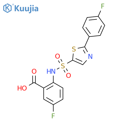 5-Fluoro-2-[2-(4-fluorophenyl)-1,3-thiazole-5-sulfonamido]benzoic acid structure