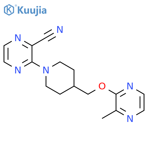 3-(4-{[(3-methylpyrazin-2-yl)oxy]methyl}piperidin-1-yl)pyrazine-2-carbonitrile structure