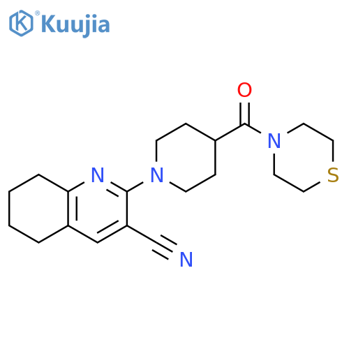 2-[4-(thiomorpholine-4-carbonyl)piperidin-1-yl]-5,6,7,8-tetrahydroquinoline-3-carbonitrile structure