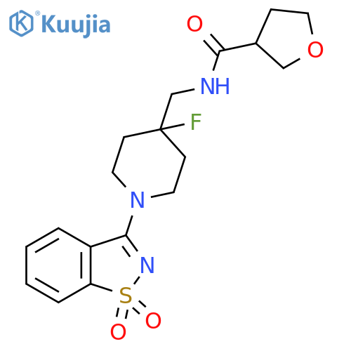 N-{1-(1,1-dioxo-1,2-benzothiazol-3-yl)-4-fluoropiperidin-4-ylmethyl}oxolane-3-carboxamide structure