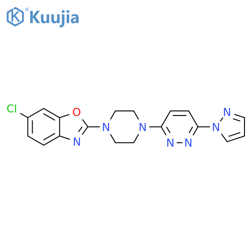 6-chloro-2-{4-6-(1H-pyrazol-1-yl)pyridazin-3-ylpiperazin-1-yl}-1,3-benzoxazole structure