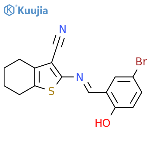 2-(E)-(5-bromo-2-hydroxyphenyl)methylideneamino-4,5,6,7-tetrahydro-1-benzothiophene-3-carbonitrile structure