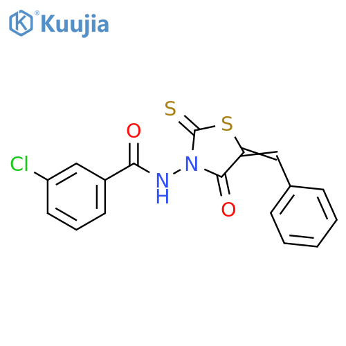 3-chloro-N-(5Z)-4-oxo-5-(phenylmethylidene)-2-sulfanylidene-1,3-thiazolidin-3-ylbenzamide structure