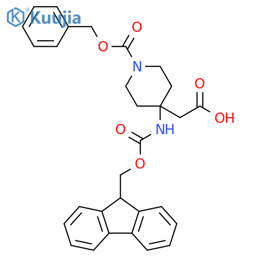 2-{1-(benzyloxy)carbonyl-4-({(9H-fluoren-9-yl)methoxycarbonyl}amino)piperidin-4-yl}acetic acid structure