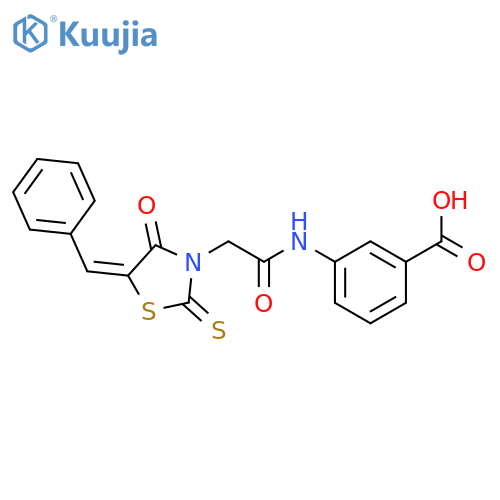 3-{2-(5Z)-4-oxo-5-(phenylmethylidene)-2-sulfanylidene-1,3-thiazolidin-3-ylacetamido}benzoic acid structure