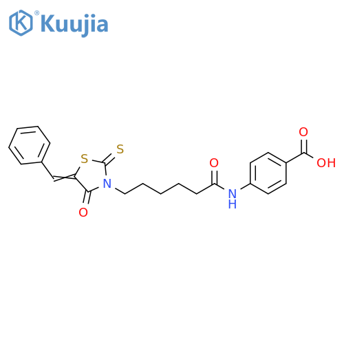 4-{6-(5Z)-4-oxo-5-(phenylmethylidene)-2-sulfanylidene-1,3-thiazolidin-3-ylhexanamido}benzoic acid structure