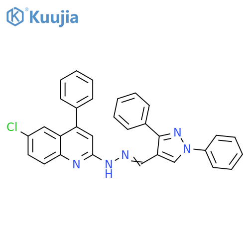 6-chloro-2-(E)-2-(1,3-diphenyl-1H-pyrazol-4-yl)methylidenehydrazin-1-yl-4-phenylquinoline structure