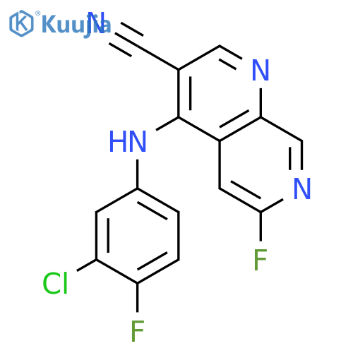 4-(3-chloro-4-fluorophenylamino)-6-fluoro-1,7-naphthyridine-3-carbonitrile structure