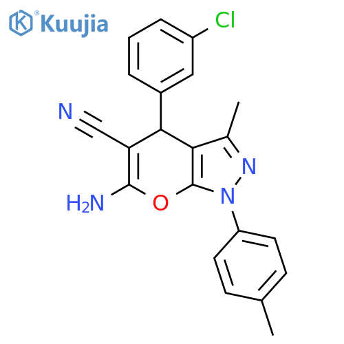 6-amino-4-(3-chlorophenyl)-3-methyl-1-(4-methylphenyl)-1H,4H-pyrano[2,3-c]pyrazole-5-carbonitrile structure