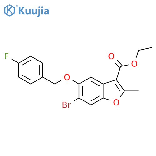 ethyl 6-bromo-5-(4-fluorophenyl)methoxy-2-methyl-1-benzofuran-3-carboxylate structure