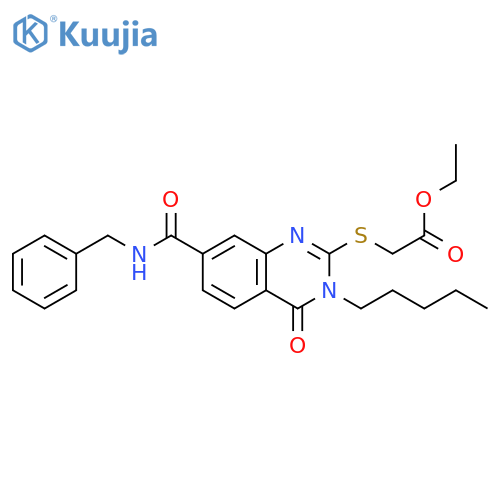 ethyl 2-{7-(benzylcarbamoyl)-4-oxo-3-pentyl-3,4-dihydroquinazolin-2-ylsulfanyl}acetate structure