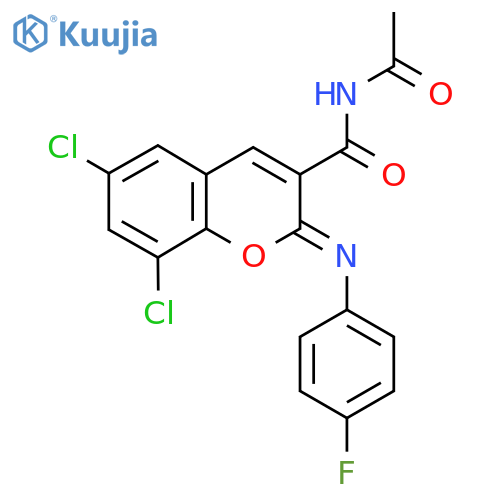 (2Z)-N-acetyl-6,8-dichloro-2-(4-fluorophenyl)imino-2H-chromene-3-carboxamide structure