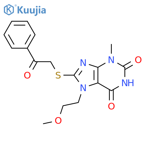 7-(2-methoxyethyl)-3-methyl-8-(2-oxo-2-phenylethyl)sulfanyl-2,3,6,7-tetrahydro-1H-purine-2,6-dione structure