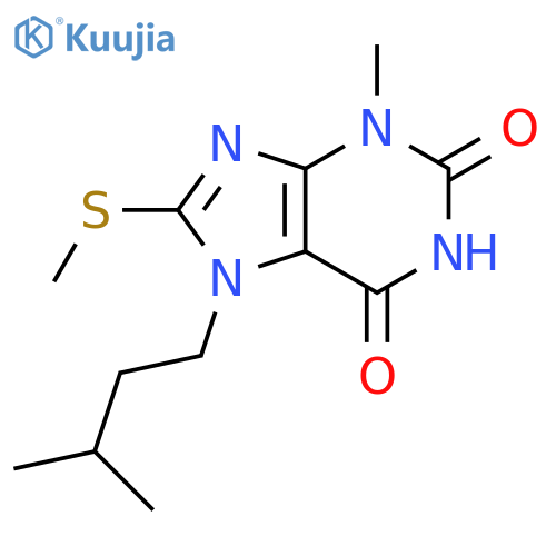 3-methyl-7-(3-methylbutyl)-8-(methylsulfanyl)-2,3,6,7-tetrahydro-1H-purine-2,6-dione structure