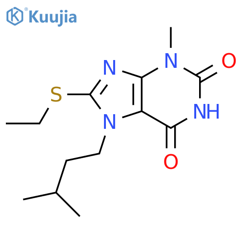 8-(ethylsulfanyl)-3-methyl-7-(3-methylbutyl)-2,3,6,7-tetrahydro-1H-purine-2,6-dione structure