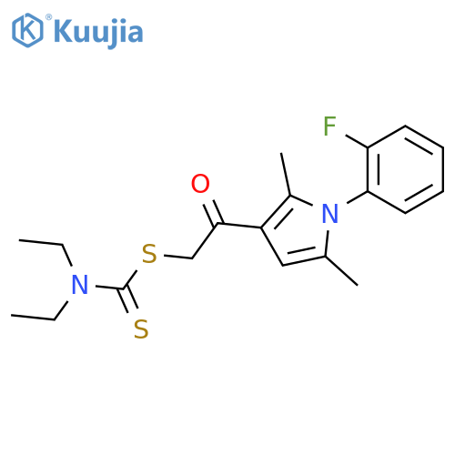 2-(diethylcarbamothioyl)sulfanyl-1-1-(2-fluorophenyl)-2,5-dimethyl-1H-pyrrol-3-ylethan-1-one structure