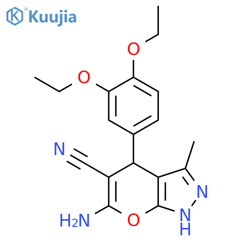 6-amino-4-(3,4-diethoxyphenyl)-3-methyl-1,4-dihydropyrano[2,3-c]pyrazole-5-carbonitrile structure