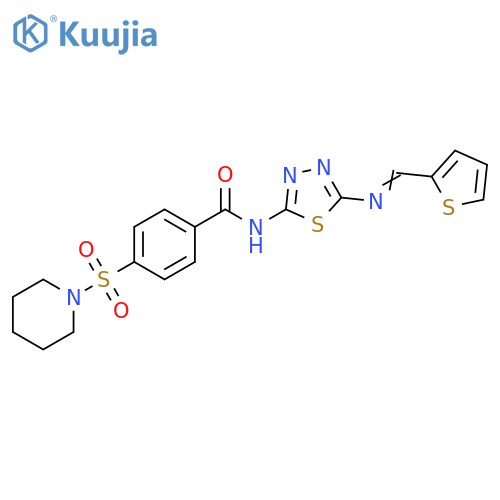 4-(piperidine-1-sulfonyl)-N-{5-(E)-(thiophen-2-yl)methylideneamino-1,3,4-thiadiazol-2-yl}benzamide structure