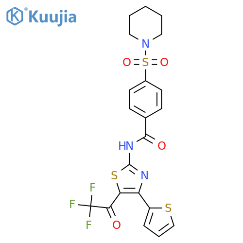 4-(piperidine-1-sulfonyl)-N-4-(thiophen-2-yl)-5-(2,2,2-trifluoroacetyl)-1,3-thiazol-2-ylbenzamide structure
