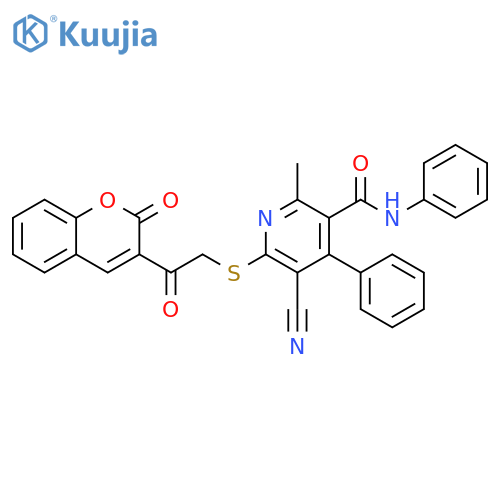 5-cyano-2-methyl-6-{2-oxo-2-(2-oxo-2H-chromen-3-yl)ethylsulfanyl}-N,4-diphenylpyridine-3-carboxamide structure