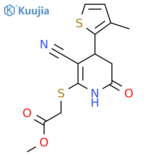 methyl 2-{3-cyano-4-(3-methylthiophen-2-yl)-6-oxo-1,4,5,6-tetrahydropyridin-2-ylsulfanyl}acetate structure