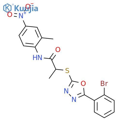 <br>2-[5-(2-Bromo-phenyl)-[1,3,4]oxadiazol-2-ylsulfanyl]-N-(2-methyl-4-nitro-ph enyl)-propionamide structure