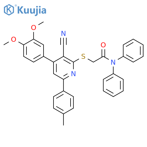 <br>2-[3-Cyano-4-(3,4-dimethoxy-phenyl)-6-p-tolyl-pyridin-2-ylsulfanyl]-N,N-dip henyl-acetamide structure