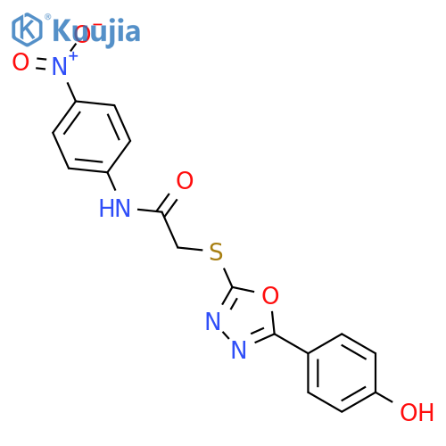 <br>2-[5-(4-Hydroxy-phenyl)-[1,3,4]oxadiazol-2-ylsulfanyl]-N-(4-nitro-phenyl)-a cetamide structure